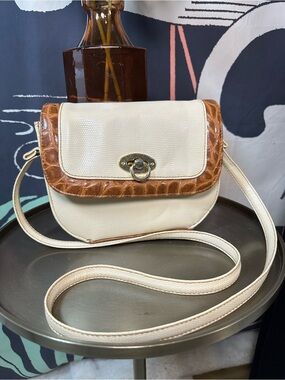 Cream & Brown Croc-Trim Crossbody Bag